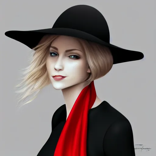 Prompt: beautiful woman in a black dress, full length photo, wearing a white hat and a red scarf, head bowed slightly, looking mischievously and mysteriously at the camera, wavy blond hair, knees upturned, very beautiful woman, 4k highly detailed, digital painting, artstation, concept art, matte, sharp focus, illustration, art by Sandra Pelser and Joshy Sly