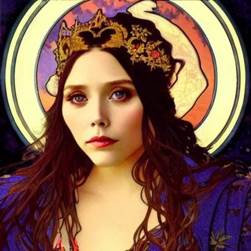 Image similar to elizabeth olsen portrait by louis - theophile hingre and alphonse mucha, realistic, sharp focus, zodiac signs, tarot cards, planets, ethereal, art nouveau, magic, moon, sun, crown, dreamy, royal, jewellery