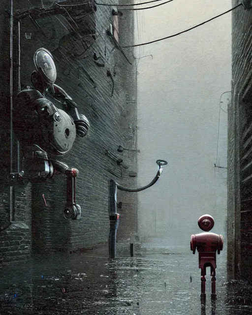 Image similar to robbie the robot walking through a wet alley, retrofuturism sci - fi old movie, highly detailed, photorealistic, 8 k, by beksinski and stalenhag