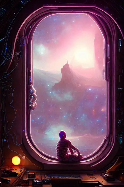 Prompt: sad human nomad, sitting sad in spaceship, gazing at view of galaxy in space through a window, intricate detailed environment, photorealistic!, octane render, mechanical, concept art, cinematic lighting, digital art, interstellar, hyper realism, sharp, cyberpunk, 8 k, de dia los muertos. by angus mckie, moebius, maciej kuciara