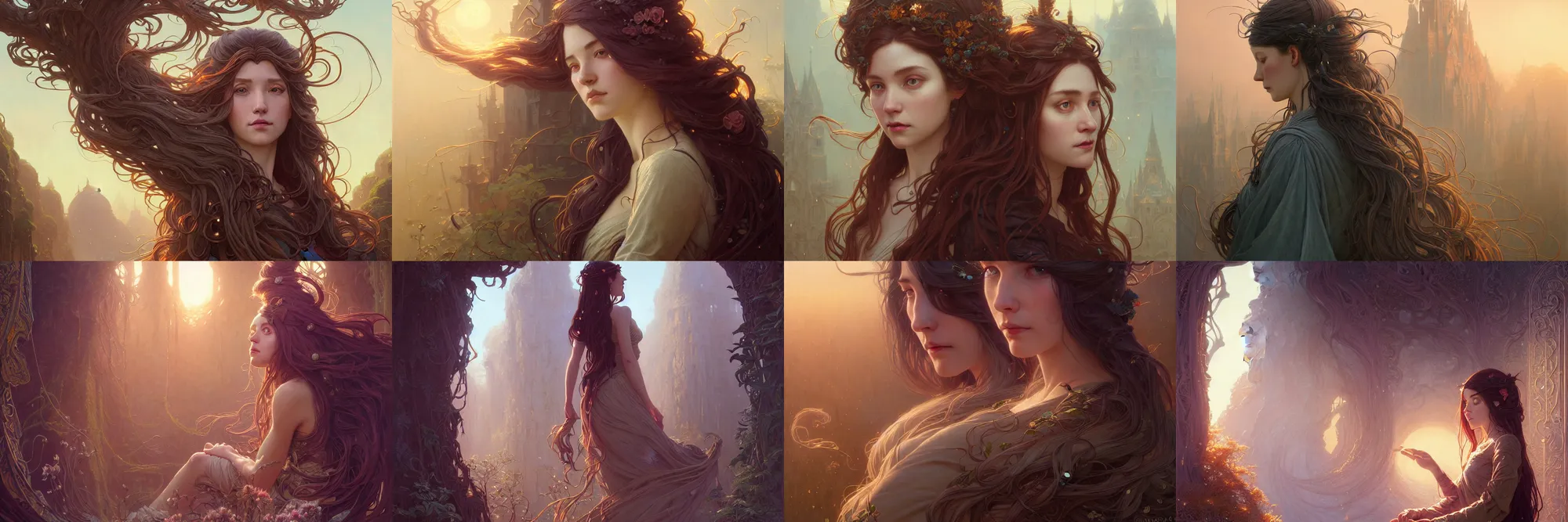 Image similar to highly detailed portrait of a woman with long hairs, stephen bliss, unreal engine, fantasy art by greg rutkowski, art nouveau, loish, rhads, ferdinand knab, makoto shinkai and lois van baarle, ilya kuvshinov, rossdraws, tom bagshaw, alphonse mucha, global illumination, radiant light, detailed and intricate environment