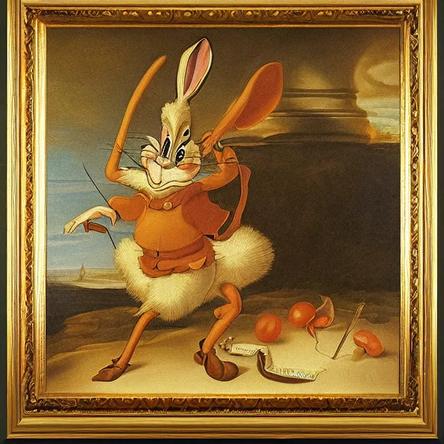 Image similar to renaissance oil painting of bugs bunny, intricately detailed golden frame