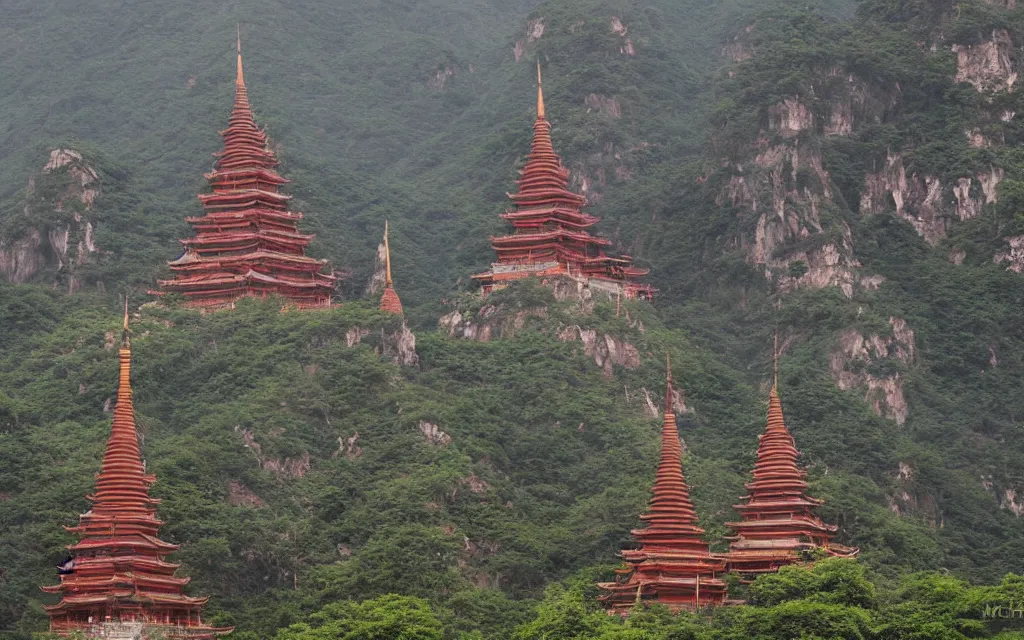 Prompt: twin chinese buddhist pagodas made of stone in a beautiful chinese landscape by michael whelan,