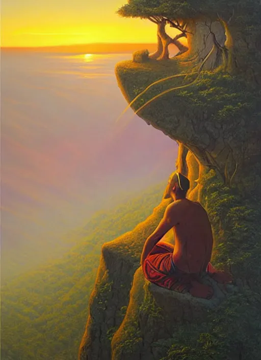 Prompt: an shaman sitting at the top of a cliff, looking down at the valley, doing a vision quest, beautiful sunset, art by vladimir kush