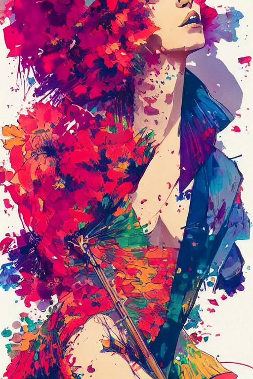 Prompt: an ultra detailed beautiful painting of a stylish woman with colorful sundress, concert poster, modern, conrad roset, greg rutkowski