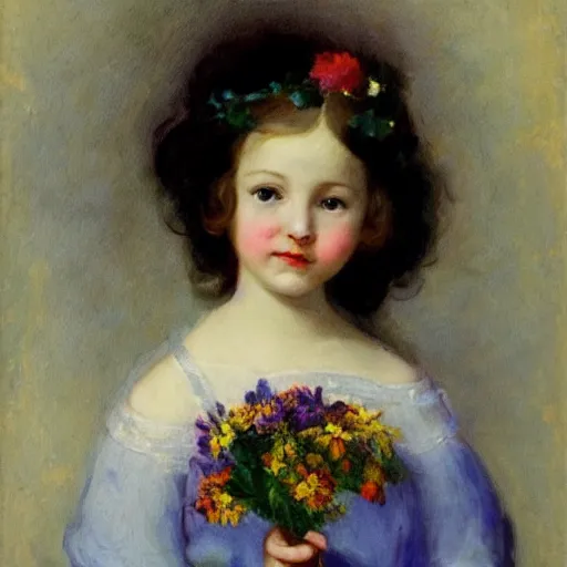 Image similar to beautiful girl, with flowers in her hand and a blue dress, Anderson Sophie