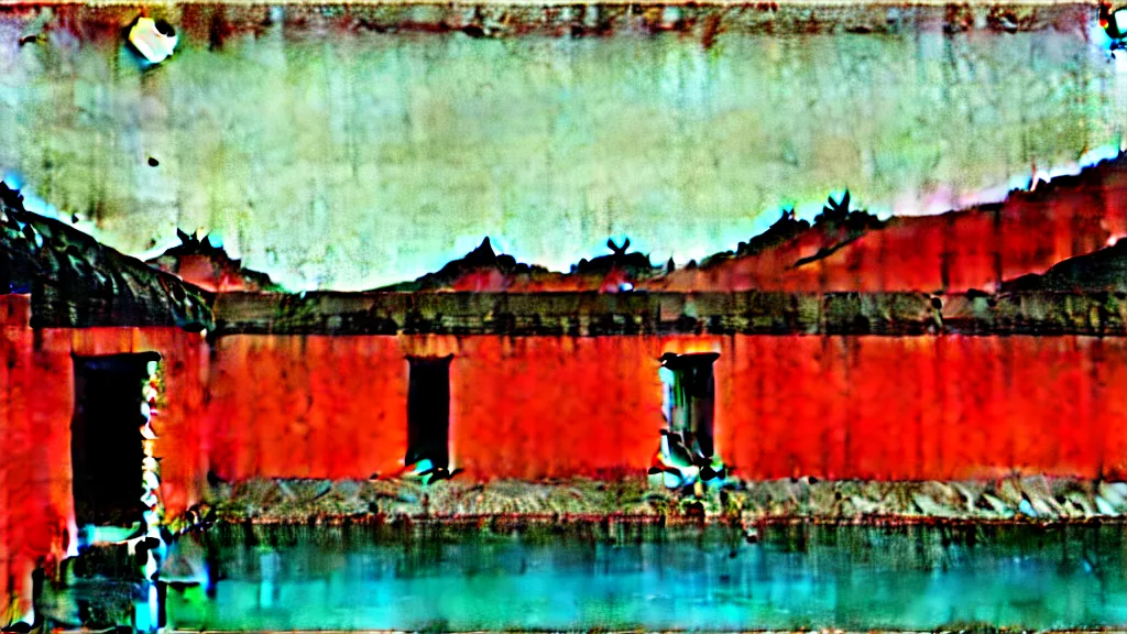 Image similar to a chinese prison near a river by peter doig, muted colors