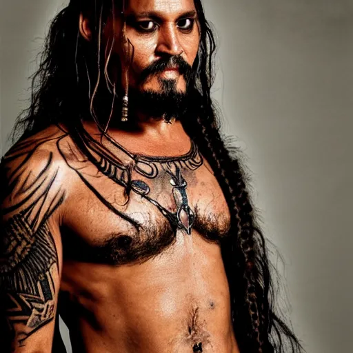 Image similar to portrait of johnny depp as khal drogo from games of thrones, mascular, broad shoulder, long beard with locks, very long straight hair, tattooed body, six packs, symmetrical, nikon 3 5 mm photography, ultrarealistic