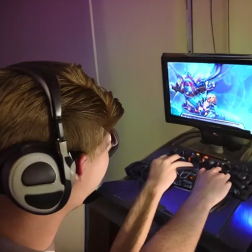 Prompt: a blonde guy is playing league of legends like a nerd