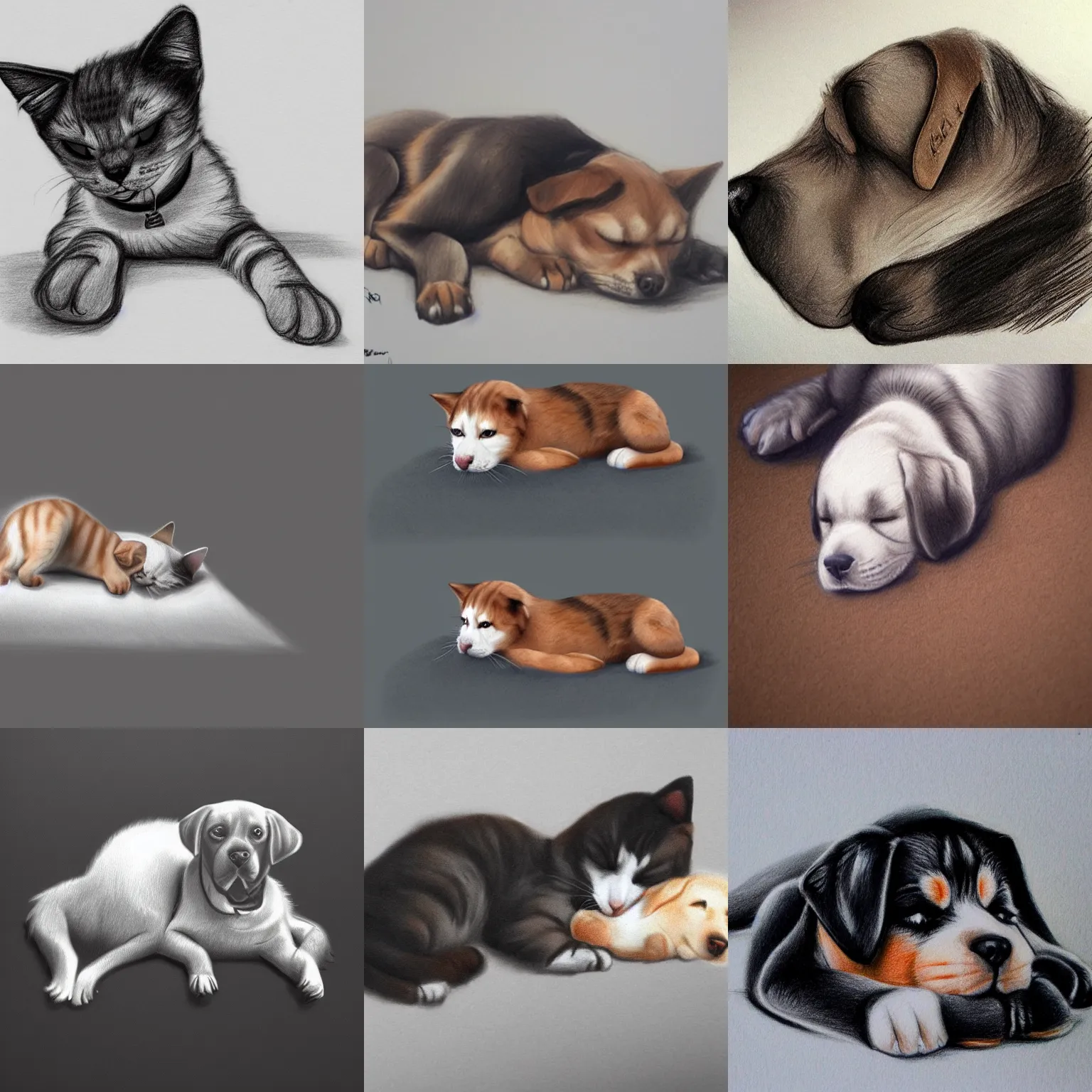 Prompt: cat and dog, cat sleeping, dog sleeping, puppy, cute drawing, labrador, trending on Artstation, concept art, realistic, volumetric fur