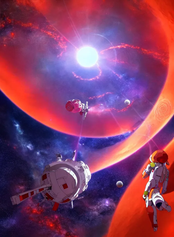 Prompt: evangelion movie style space station like big DNA spiral in space around big red earth, milky way, two moons, anime style, cinematic 8k