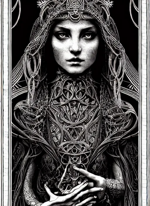 Prompt: beautiful priestess girl tarot card portrait, biomechanical, intricate artwork masterpiece, majestic, elden ring cinematic lighting, volumetric 8 k, by apollonia saintclair, josan gonzalez, gustave dore, edmund leighton, kilian eng, trending on cgsociety, 8 k