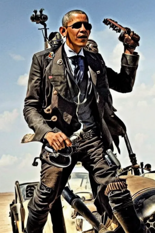 Image similar to steampunk obama in mad max fury road