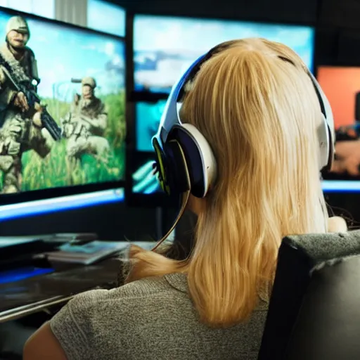 Image similar to view from behind from bed of a cute beautiful blonde woman wearing headset watching dual - monitors displaying call of duty and twitch, intricate detail, cinematic composition