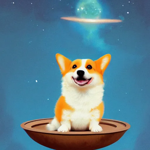 Prompt: stunning digital illustration of a cute angelic adorable happy corgi puppy floating in outer space, hyperrealistic, very lifelike, cinematic, greg rutkowski, artgerm, moebius, ruan jia, makoto shinkai, simon stalenhag, trending on artstation, masterpiece, award - winning, 8 k