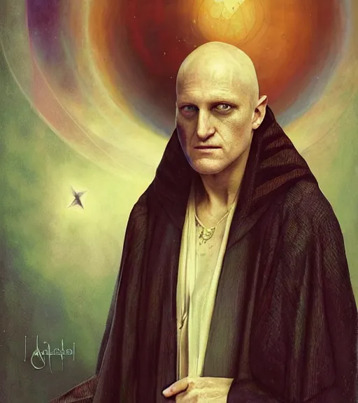 Image similar to A Magical Portrait of Woody Harrelson as Aleister Crowley the Great Mage of Thelema, art by Tom Bagshaw and Wayne Barlowe and John Jude Palencar