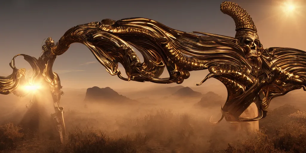 Image similar to bird wings, gold ram horns, copper goat skulls, grand imposing powerful sculpture. swirls of mist. sunrise, intense light beams, lens flare. occult photorealism, uhd, amazing depth, volumetric lighting, cinematic lighting. epic landscape.