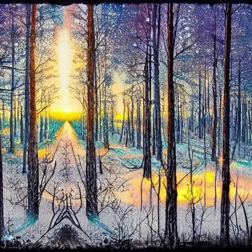 Prompt: sunset nordic forest, sparkling spirits, detailed wide shot, crayon, ground detailed, wet eyes reflecting into eyes reflecting into infinity, beautiful lighting