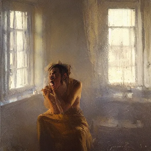 Image similar to portrait of a screaming person, in soft window light, golden hour, by jeremy mann, anders zorn.