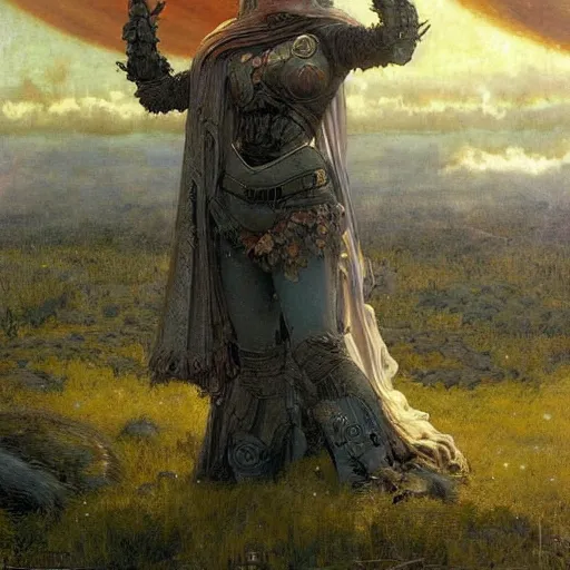 Prompt: epic wide angle view beautiful woman watching from the Earth as a rogue planet nears for a collision which will destroy the world, by Edgar Maxence and Ross Tran and Michael Whelan