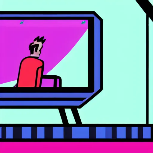 Image similar to an illustration of a man watching television, flat synthwave art style