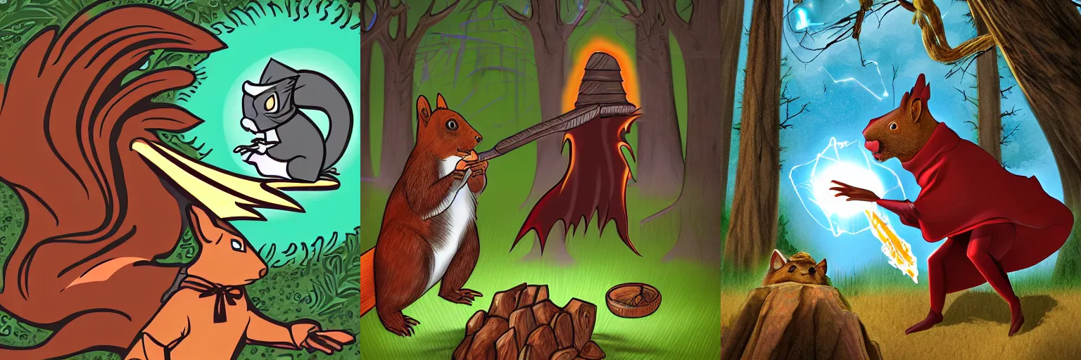 Prompt: A digital illustration of a wizard casting his most powerfull spell against a squirrel, point of view of the squirrel