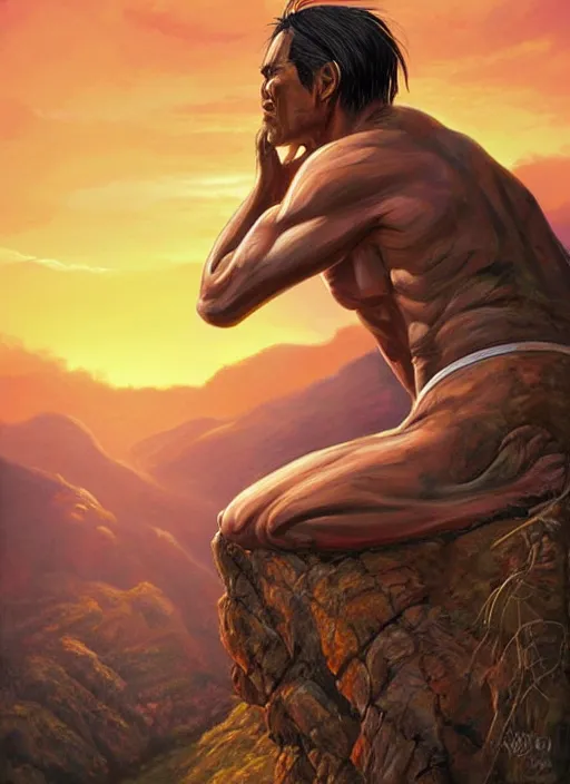 Image similar to an indigenous man sitting at the top of a cliff, looking down at the valley, doing a vision quest, beautiful sunset, art by artgerm