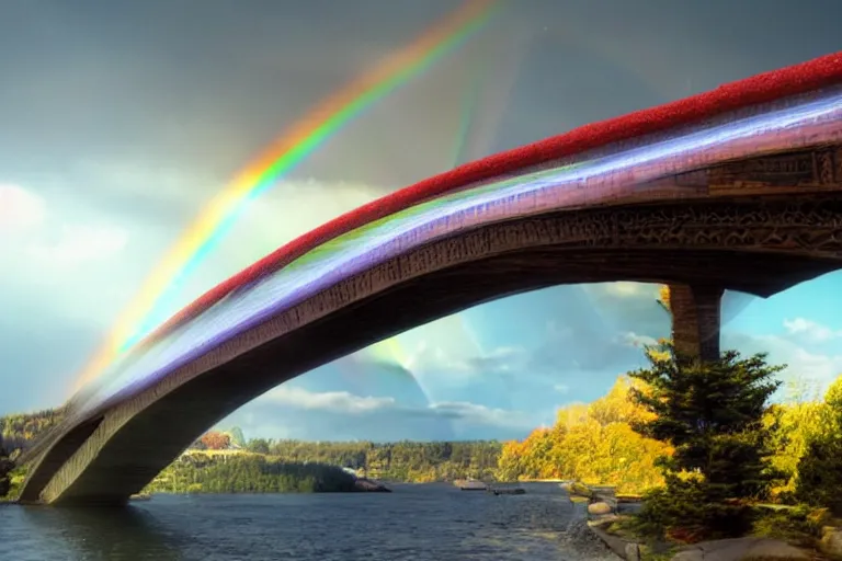 Image similar to Rainbow bridge leads through the horizon, landscape, trending on artstation