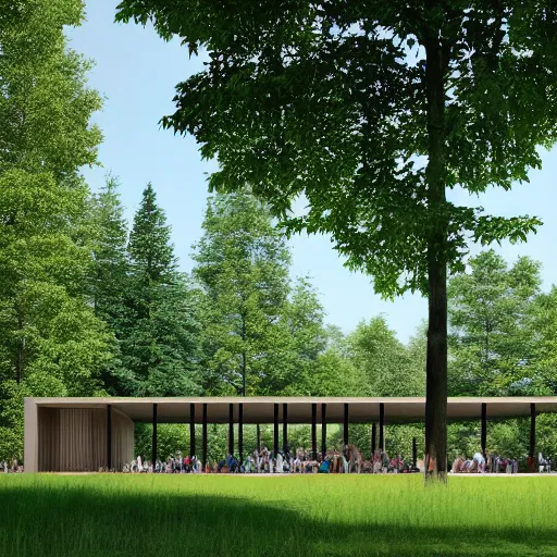 Image similar to a contemporary pavilion on the lawn, nordic design style, peter zumthor, low and lush trees, sunny, lots of people, photorealistic, 4 k, highly detailed, digital painting, artstation