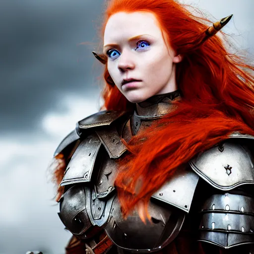 Image similar to north female warrior, red hair, ginger hair, fantasy, high detailed, photography, cloudy, lightweight armor, Scandinavia, plain, Authentic, detailed face, cute face, model, glowing skin, blue eyes, professional photographer, masterpiece, 8k, 3D