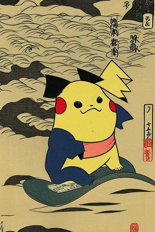 Image similar to Surfing Pikachu, Japanese ukiyo-e ukiyo-ye woodblock print, by Moronobu