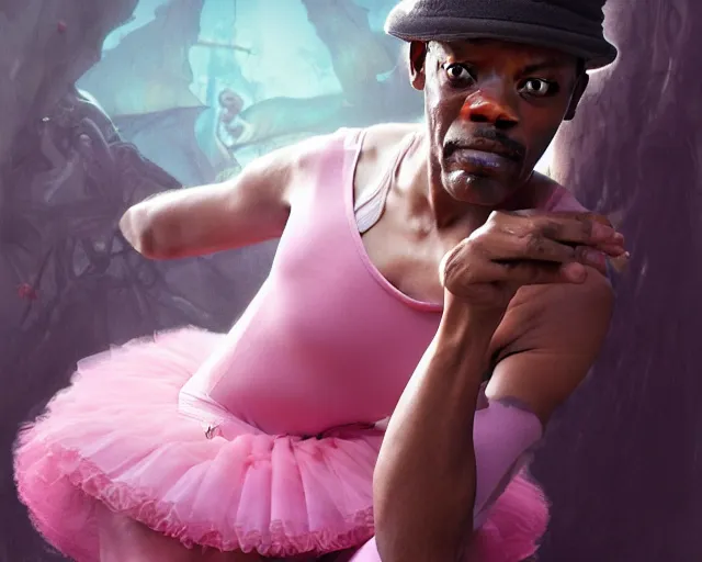 Image similar to photography of samuel l jackson in a pink ballerina outfit, deep focus, d & d and mtg, fantasy, intricate, elegant, highly detailed, digital painting, artstation, concept art, matte, sharp focus, illustration, hearthstone, art by artgerm and greg rutkowski and alphonse mucha