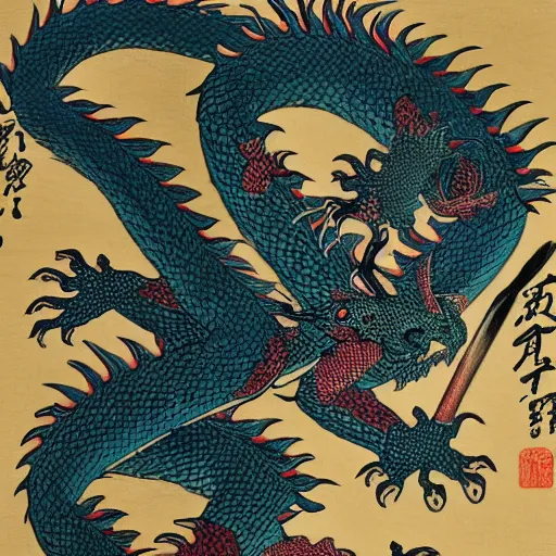 Image similar to Dragon holding the Todo list. Masterpiece japanese art painting. Museum collection. 8k, beautiful detail, post-processing