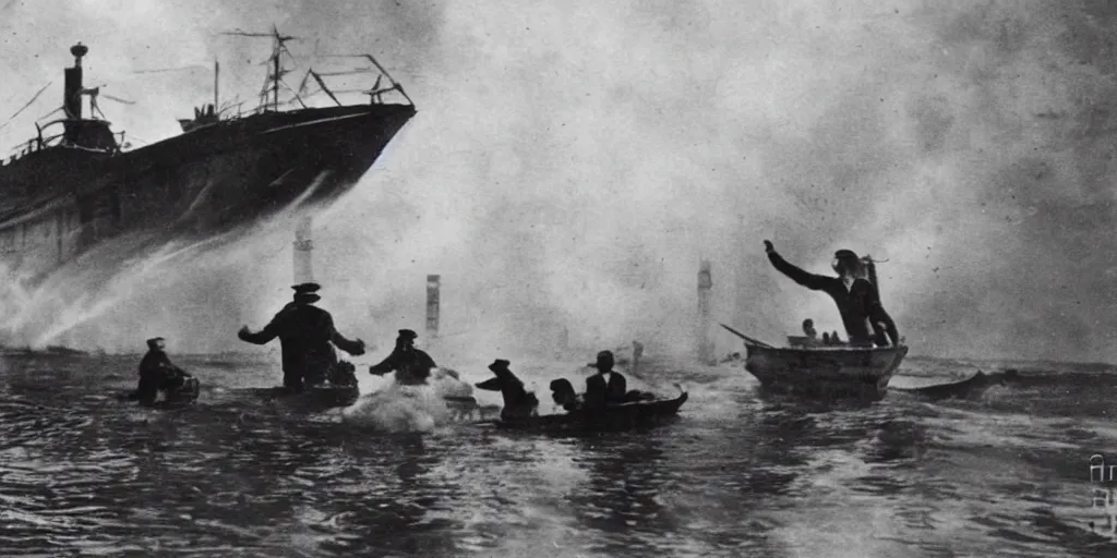 Image similar to a boat being grabbed by a giant underwater hand while people run away, 1 9 0 0 s photograph