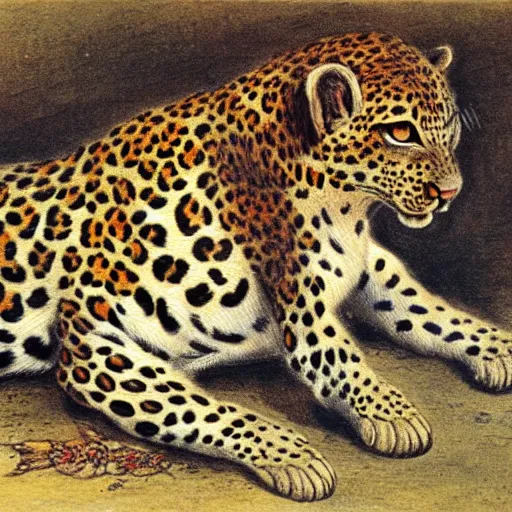 Prompt: a painting of a leopard sitting on the ground, an illustration of by charles maurice detmold, deviantart, qajar art, photoillustration, grotesque, full body