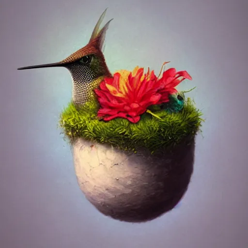 Image similar to long shot of a very fluffy hummingbird chick nesting in a floral cup, esao andrews, by m. w. kaluta, humorous illustration, hyperrealistic, tilt shift, warm colors, night scenery, low light, 3 d octane render, 4 k, volumetric lights, smooth, cosy atmosphere, conceptart, hyperdetailed, trending on deviantart