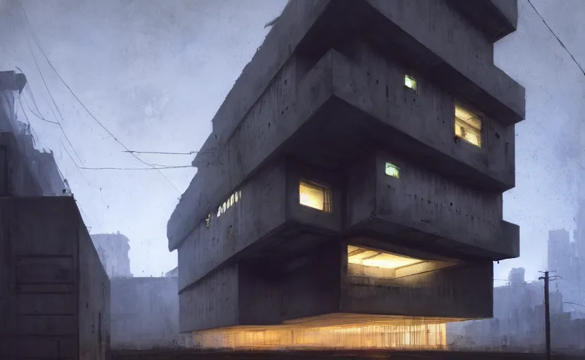 Prompt: An Exterior wide angle shot painting of a cyberpunk brutalist architecture House with warmly lit windows and neon lights by Peter zumthor and James Turrell, Greg Rutkowski and Craig Mullins , Dark atmospheric sad and cinematic lighting, Trending on artstation, Archviz, Archdaily, Deezen, Design milk, Architectural visualisation