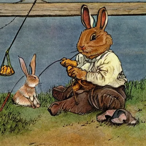 Image similar to a rabbit fishing by a bridge in the style of Carl Larsson