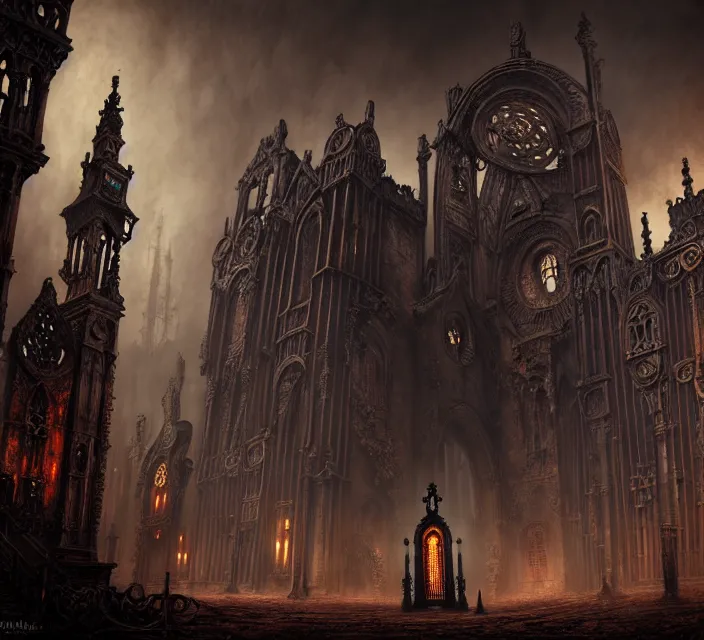 Image similar to steam necropolis, memento mori, gothic, neo - gothic, art nouveau, hyperdetailed copper patina medieval icon, stefan morrell, philippe druillet, ralph mcquarrie, concept art, steampunk, unreal engine, detailed intricate environment, octane render, moody atmospherics, volumetric lighting, ultrasharp, ominous, otherworldly