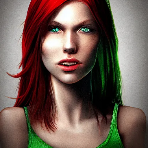 Image similar to a fantastic portrait photograph of a smiling girl with red hair and green eyes, symmetrical face, artstation, deviantart, hyperrealism