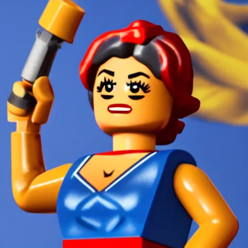 Image similar to a Lego minifig of Rosie the Riveter, high detail, realistic octane render, soft lighting, Dynamic pose, close-up, 8k