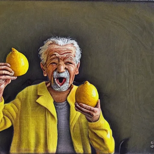 Prompt: old men eating lemon very detailed photo award winning