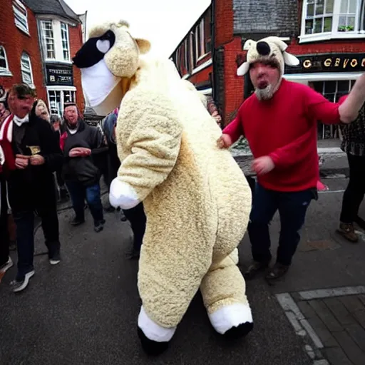 Image similar to photo of a man in a sheep costume in flames and jesus is helping him outside a british pub