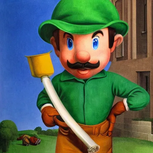 Prompt: an italian plumber emerges from a green pipe wearing blue overalls by Raphael, Hopper, and Rene Magritte. detailed, romantic, enchanting, trending on artstation.