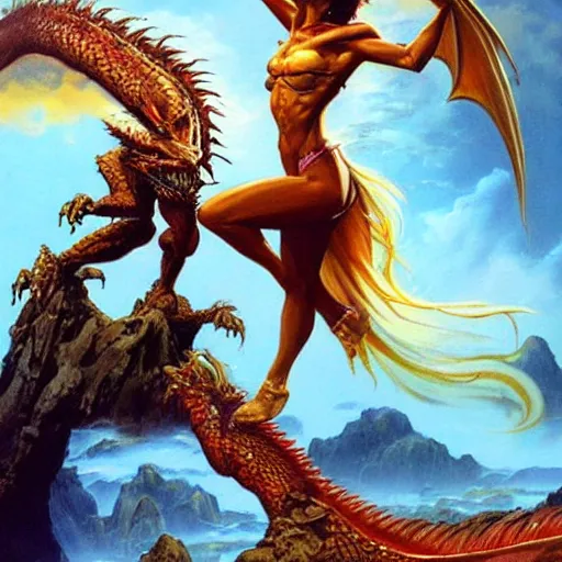 Image similar to woman transforming into a dragon, frank frazetta, boris vallejo, julie bell, fantasy painting, 8 k, hdr, perfect composition, striking color, beautiful artwork