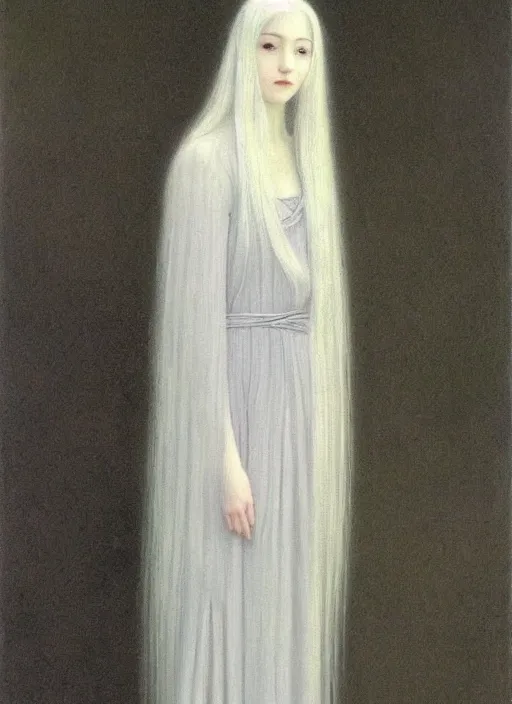 Image similar to tall thin young wan beautiful angel, silver hair so long, pale!, long silver hair, silver angel wings, wan adorable korean face, silver hair!!, style of fernand khnopff and lucien levy - dhurmer, oil on canvas, 1 8 6 2, 4 k resolution, aesthetic!,