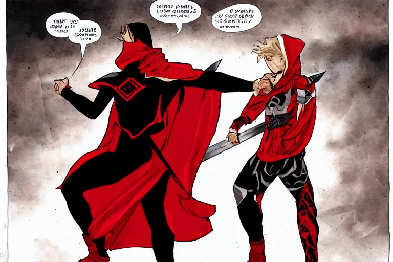 Prompt: a twin blade muscular swordsman, red and black cape and hoodie, scary, intimidating, worn out clothes, torn clothes, as a panel of a Marvel comic