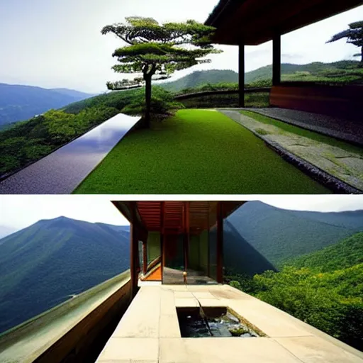 Image similar to “extravagant luxury mountain home, in Hakone, by Tadao Ando, modern rustic, rotenburo, water feature, bonsai”