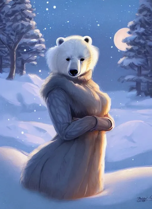 Prompt: award winning beautiful portrait commission art of a female furry anthro polar bear fursona with a cute beautiful attractive detailed feminine furry face wearing cute stylish winter clothes at a comfy winter cabin at dusk by firelight. Character design by charlie bowater, ross tran, artgerm, and makoto shinkai, detailed, inked, western comic book art