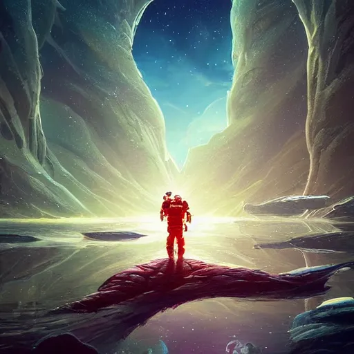 Image similar to Astronauts are riding some mythical animals, they are resting to the side of a reflecting lake, the surface of a planet has a wacky wildlife, some planets and nebulas are as background, by Jordan Grimmer digital art, trending on Artstation,